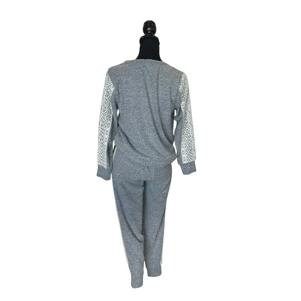 Flora Nikrooz Gray Soft Pajamas SMALL Lace Set Cozy Loungewear Romantic $88 - Picture 6 of 10